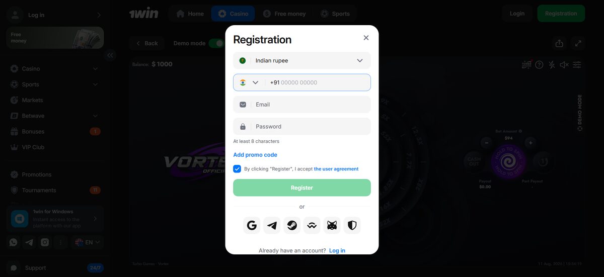 Register to Play Vortex at 1win